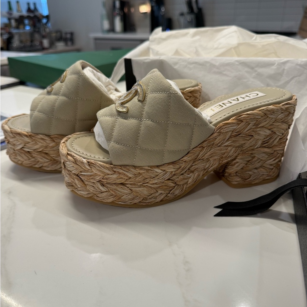 Chanel Light Beige Quilted Women's Platform Sandals
